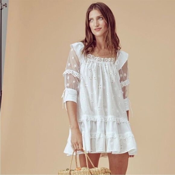 For Love And Lemons Dresses & Skirts - For Love And Lemons Hermosa Eyelet Mini Dress Tunic Beige Sz Small Tulle Sleeve